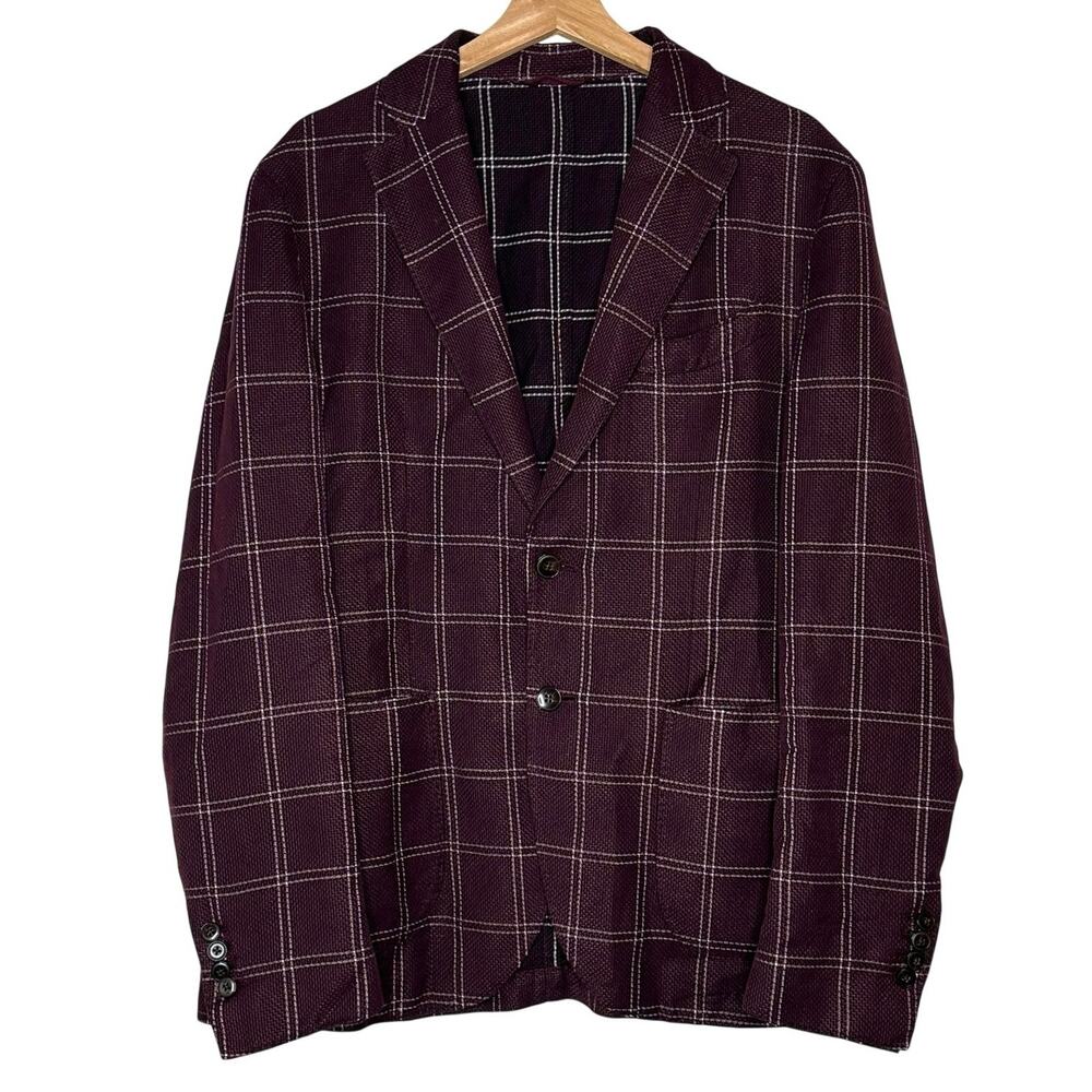 L.B.M. 1911 Tailored Burgundy Red Windowpane Blazer Jacket Size 52R - Picture 2 of 12